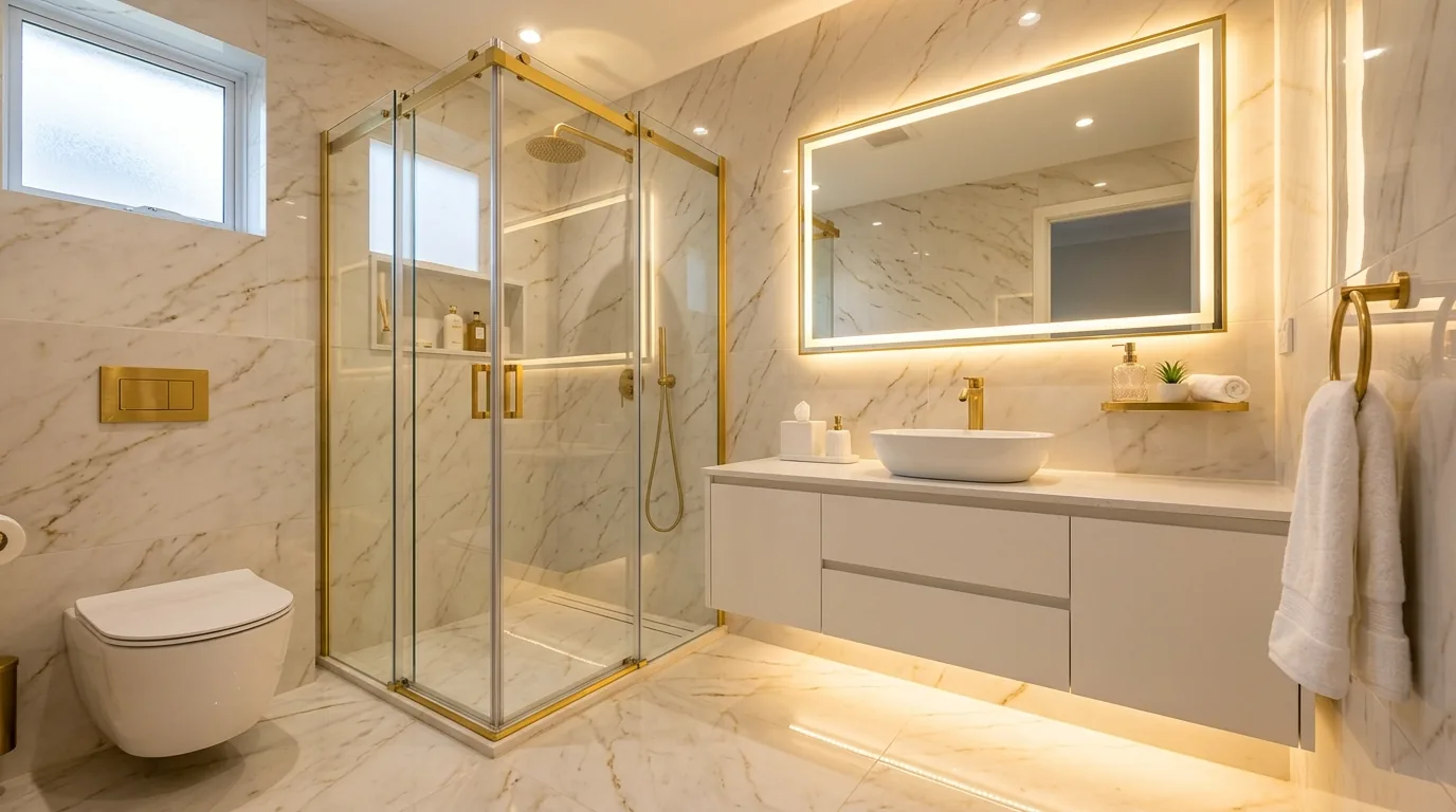 Tiny bathroom with vertical tile and clear shower enclosure