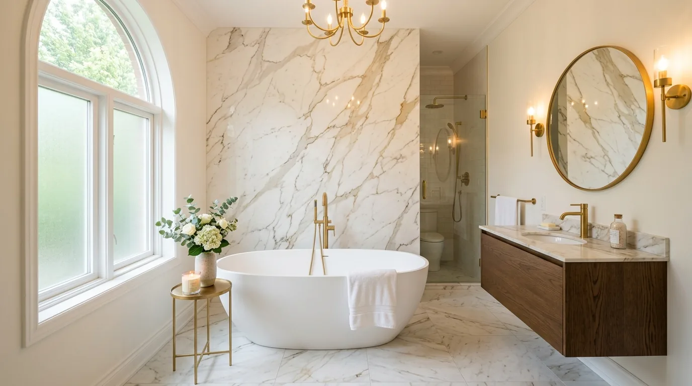 Luxury powder room with dramatic veined stone sink