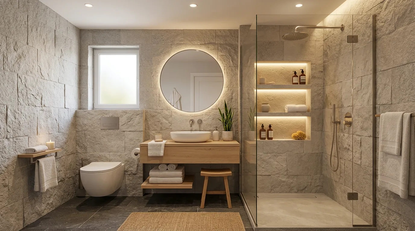 All white luxury small bathroom with niche shelving