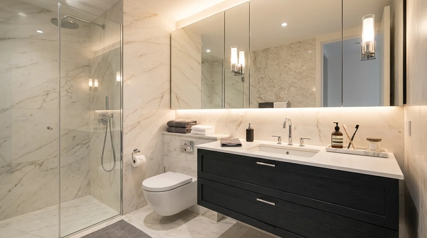 Small bathroom with arched mirror and fluted vanity front