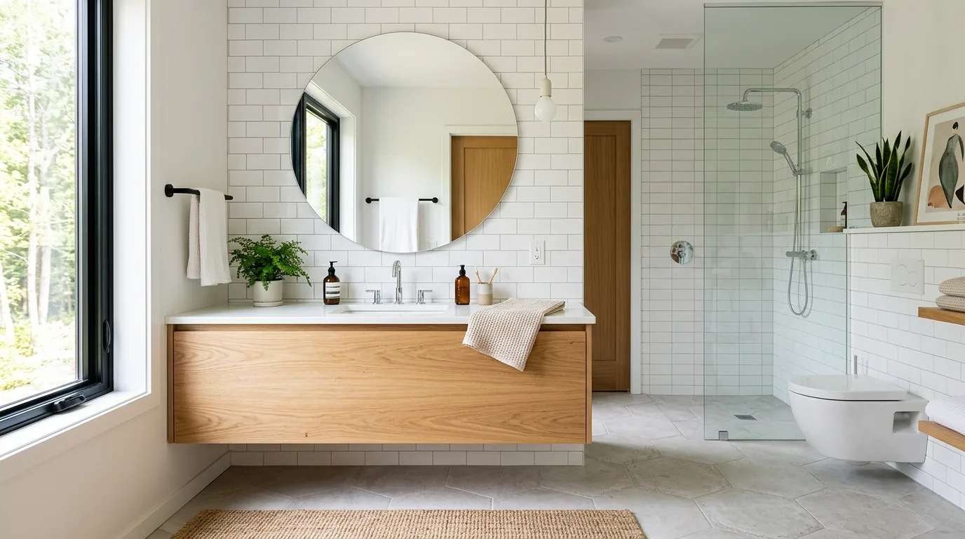 Narrow bathroom with walk in shower and seamless floor tile