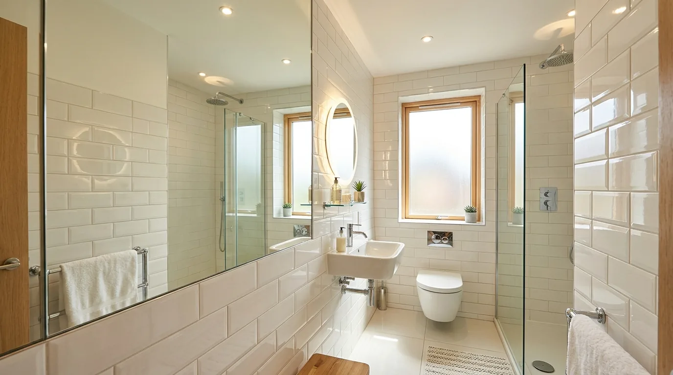 Compact bathroom with statement wallpaper and marble top vanity