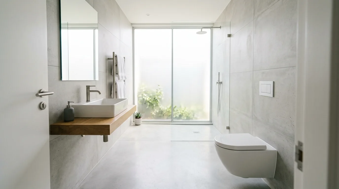 Small bathroom with backlit mirror