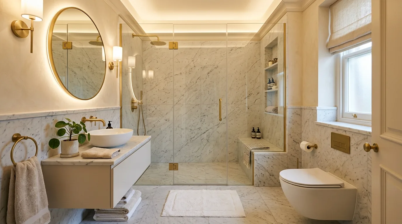 Spa inspired small bathroom with wood stool