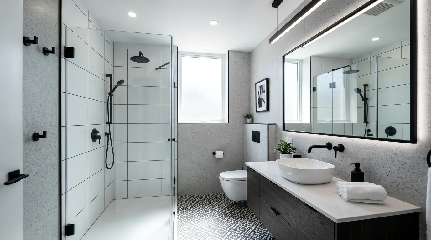 Tiny luxury bathroom with mirrored cabinet wall