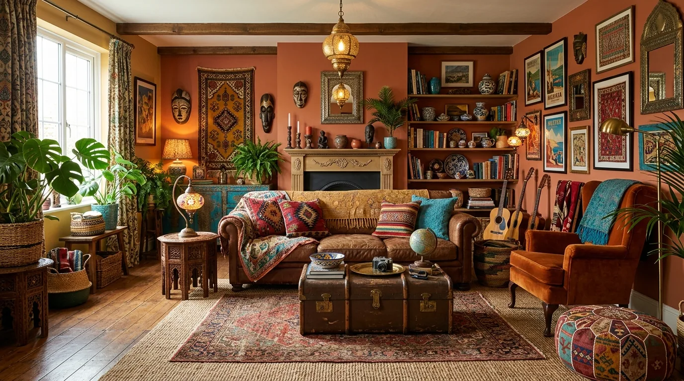 Kitchen nook with patterned tile and warm wood shelving
