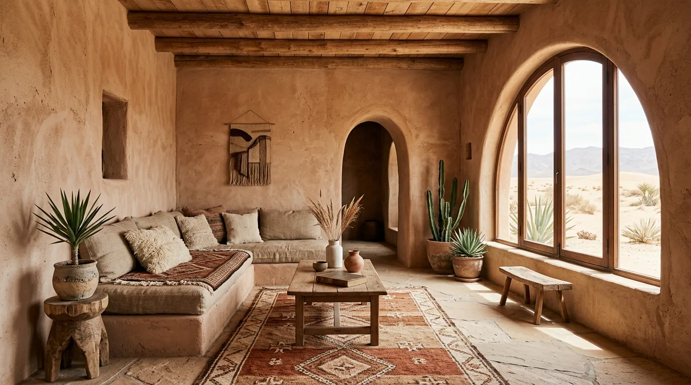 Family room with woven pendant and earthy patterned ottoman