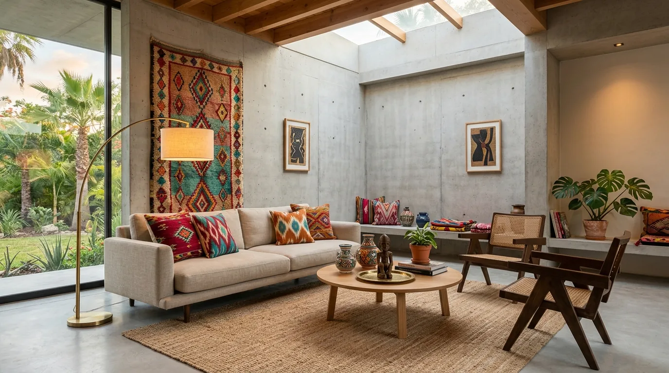 Cinematic exotic interior with layered craft textures
