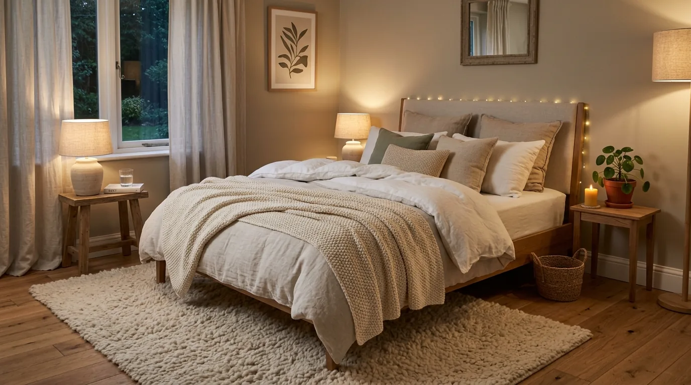 Relaxing room with blackout curtains and warm bedside lamps