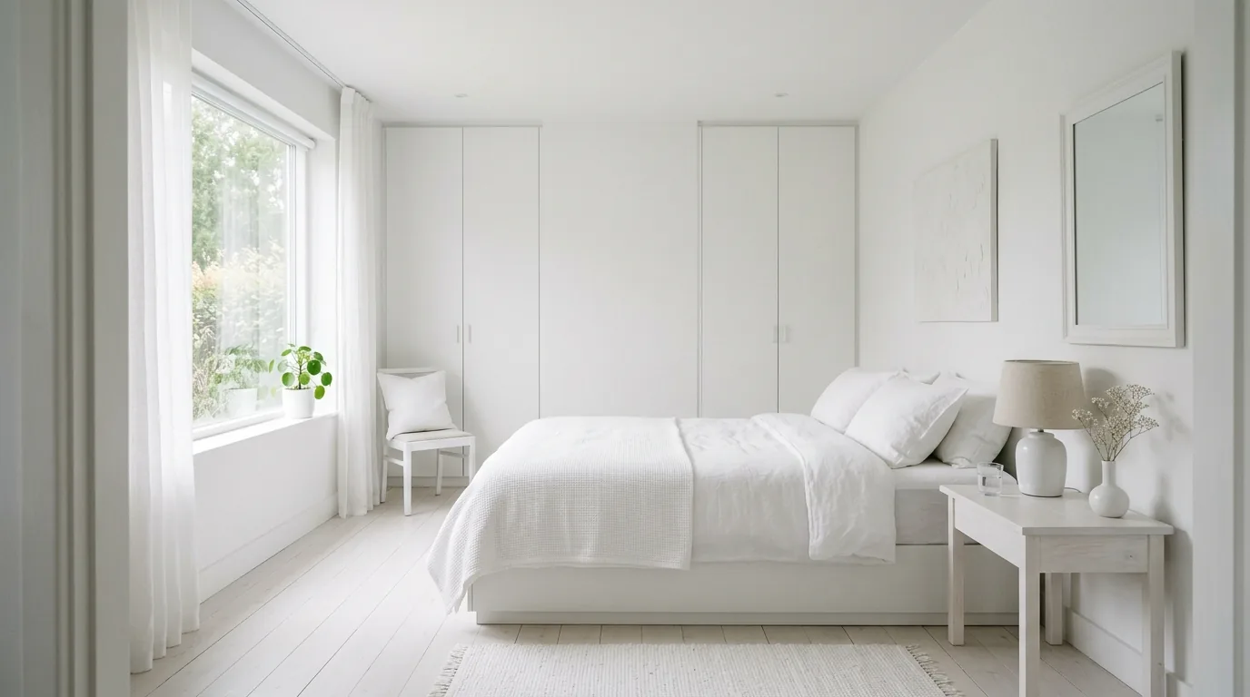 Small bedroom with pale rug and uncluttered nightstand styling