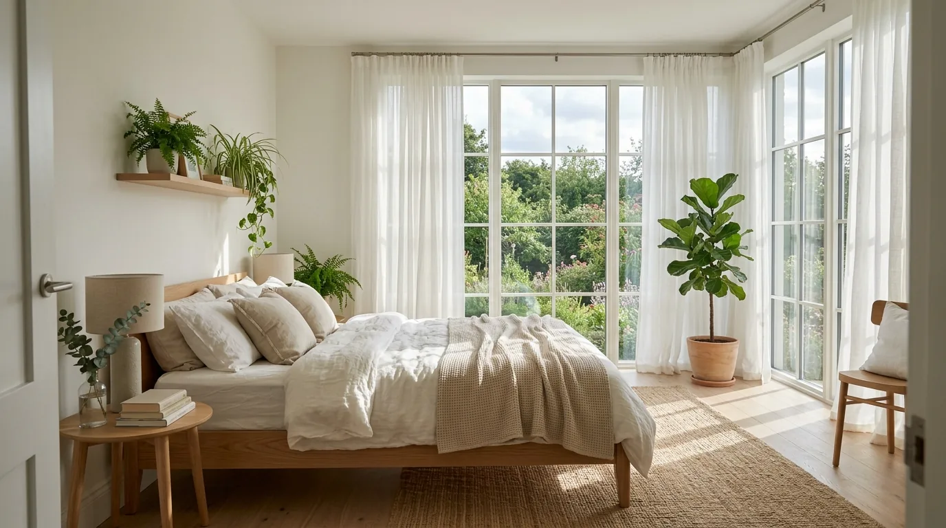 Scandinavian sleep space with pale woods and soft gray textiles