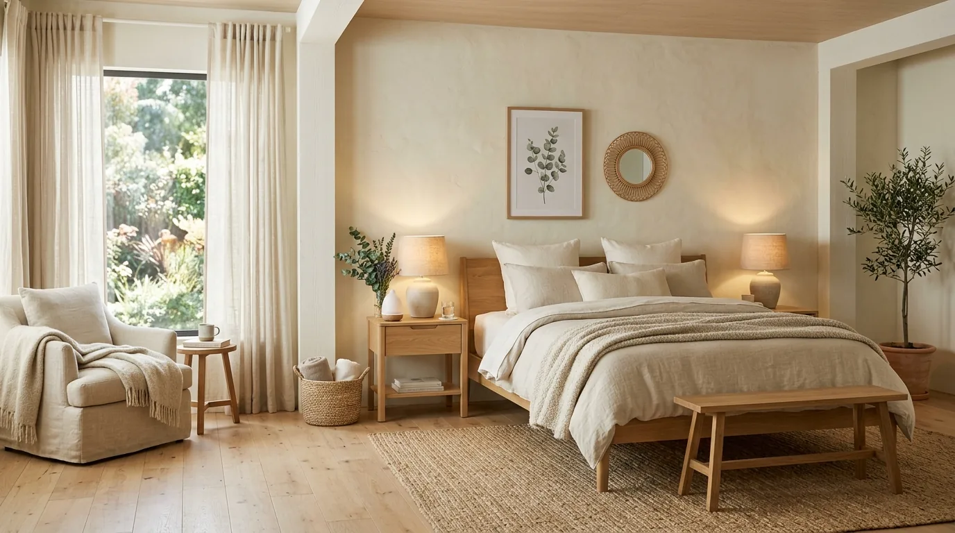 Bedroom with upholstered headboard and one oversized artwork