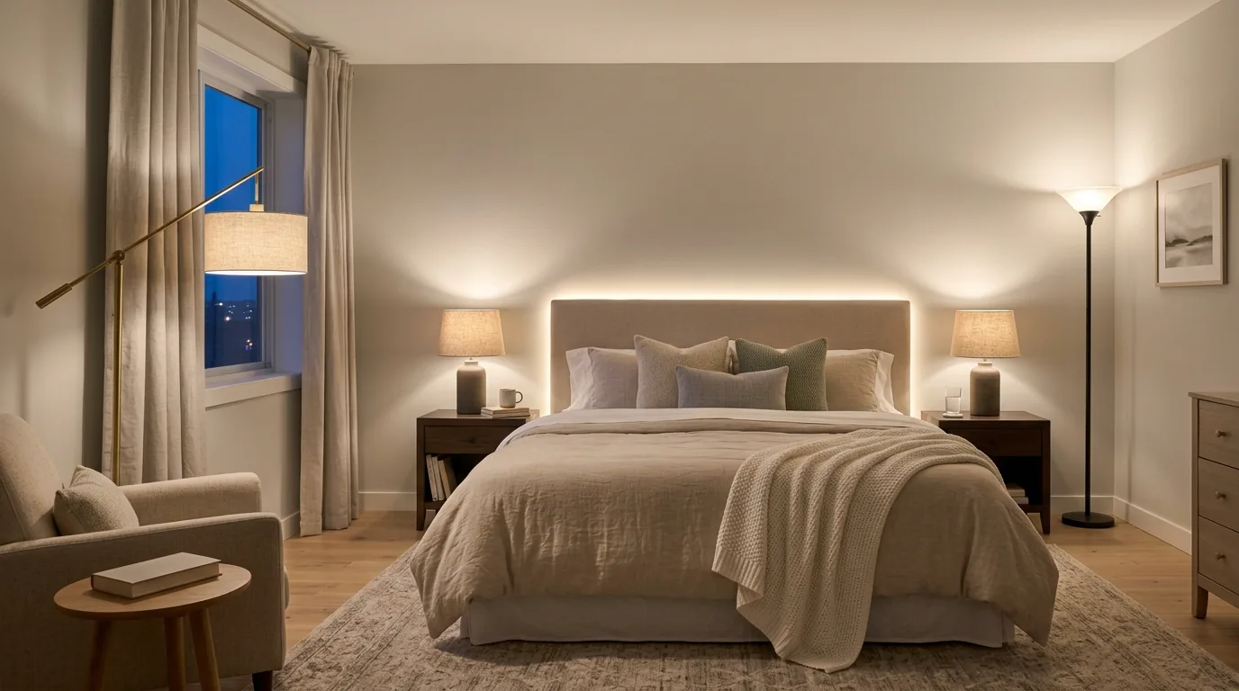 Minimal room with hidden storage bench and clean surfaces