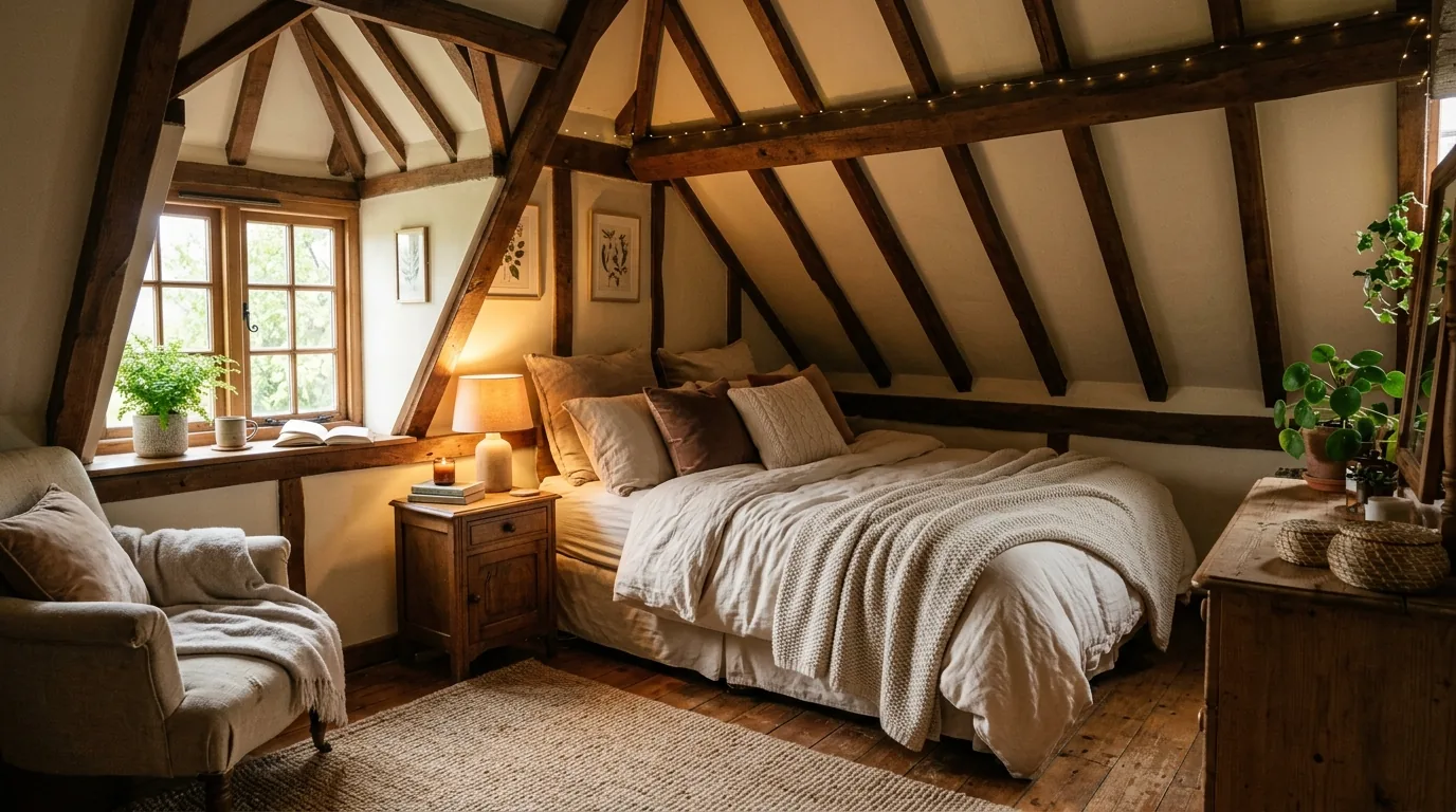 Nature-toned bedroom with leafy plant and clay-colored textiles