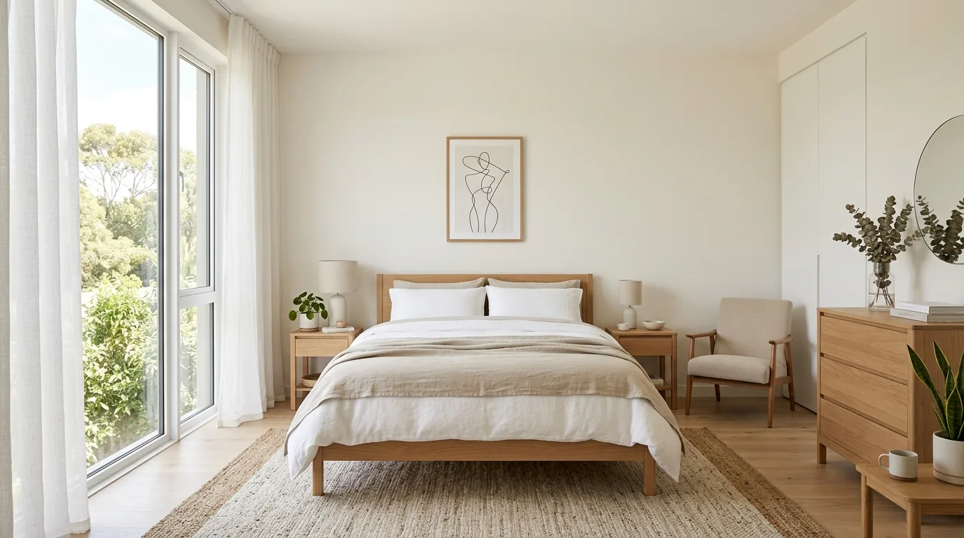 Attic bedroom with sloped ceiling and soft drapery