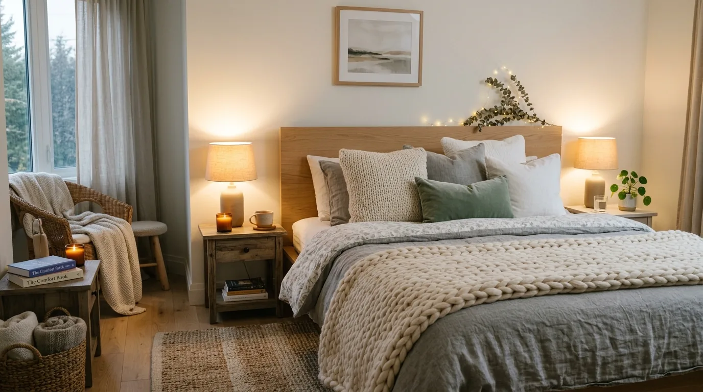 Guest room with plush bedding and low lamp glow