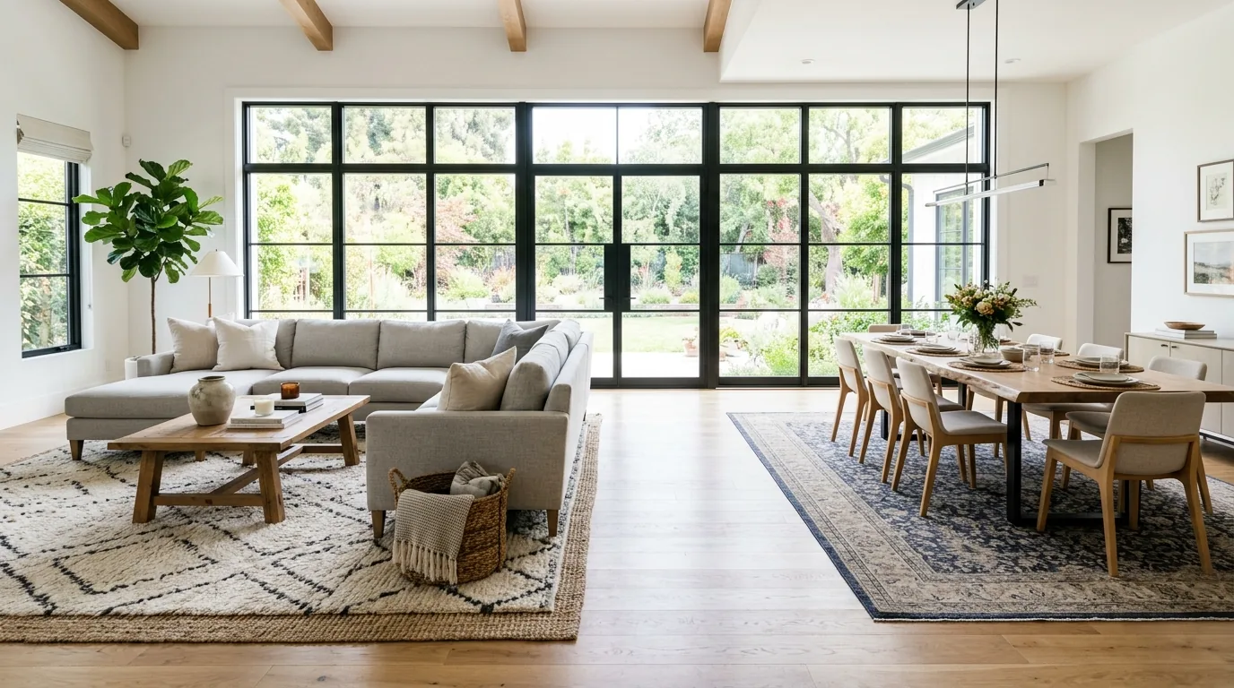 Small lounge with open walking path between door and seating zone