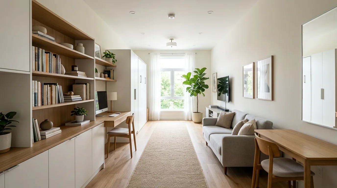 Entryway with bench and console arranged to keep arrival path clear