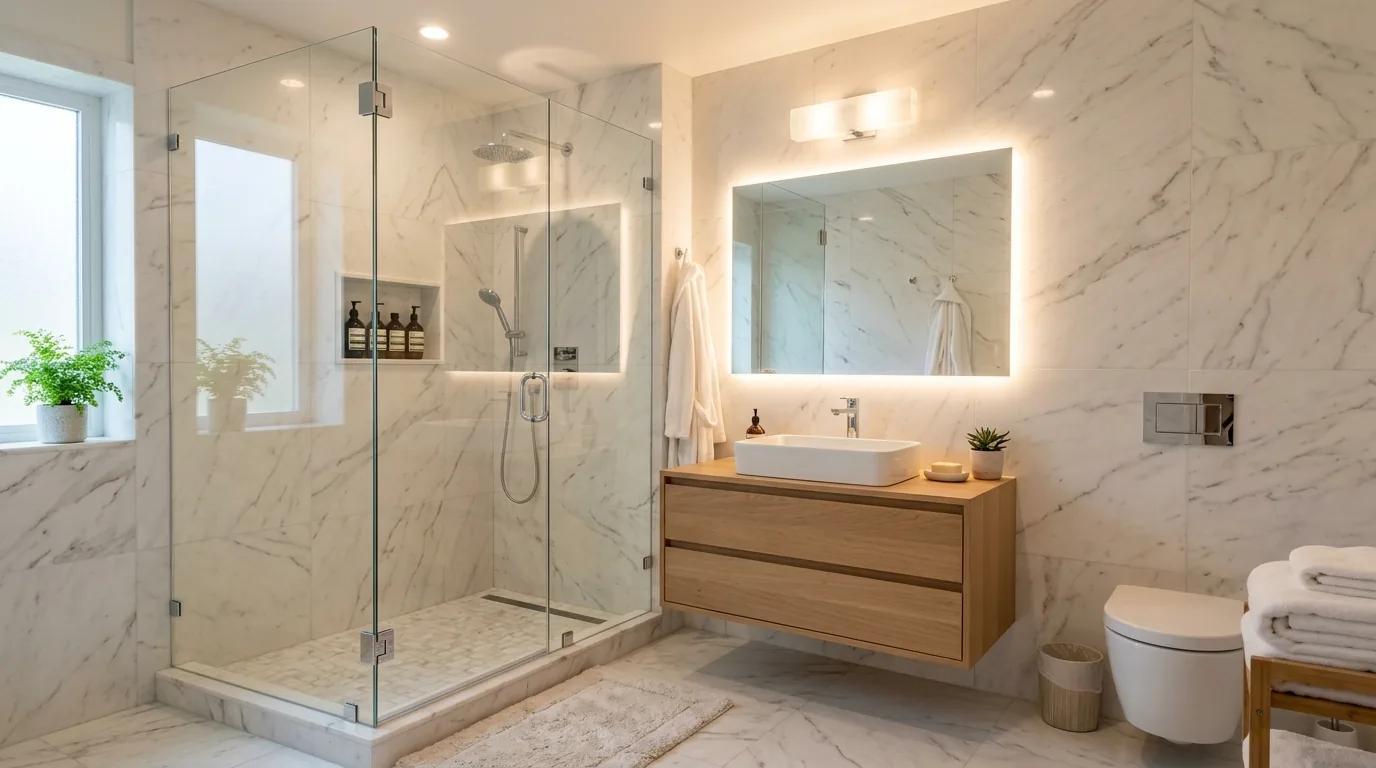 Bathroom renovation with walk-in shower and floating vanity