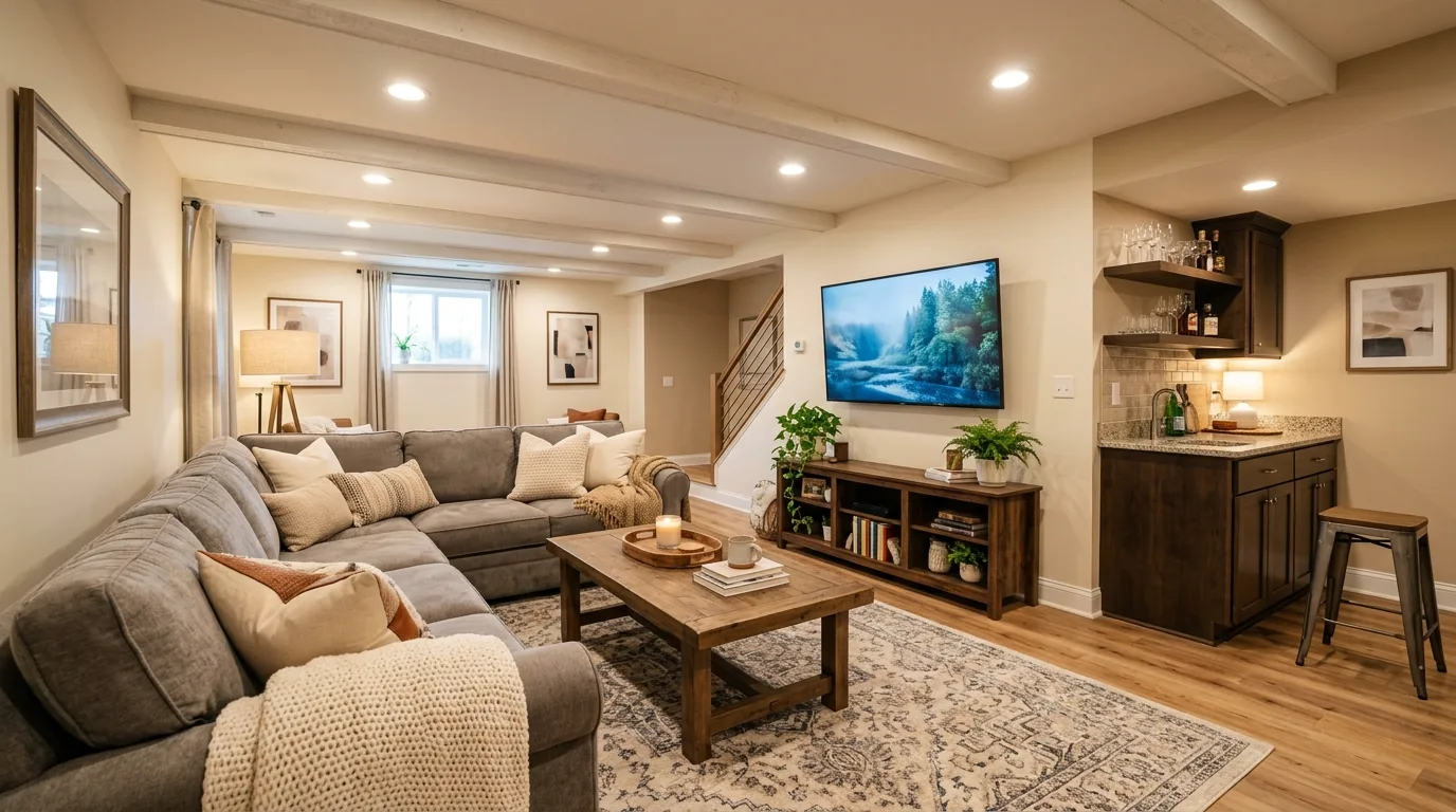 Basement transformed into bright lounge with media wall