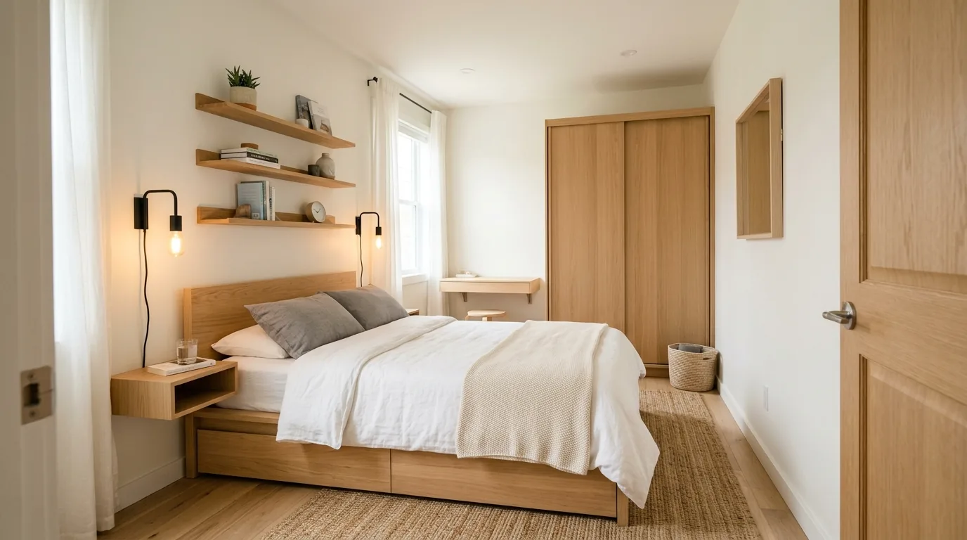 Room with wall-mounted sconces instead of table lamps