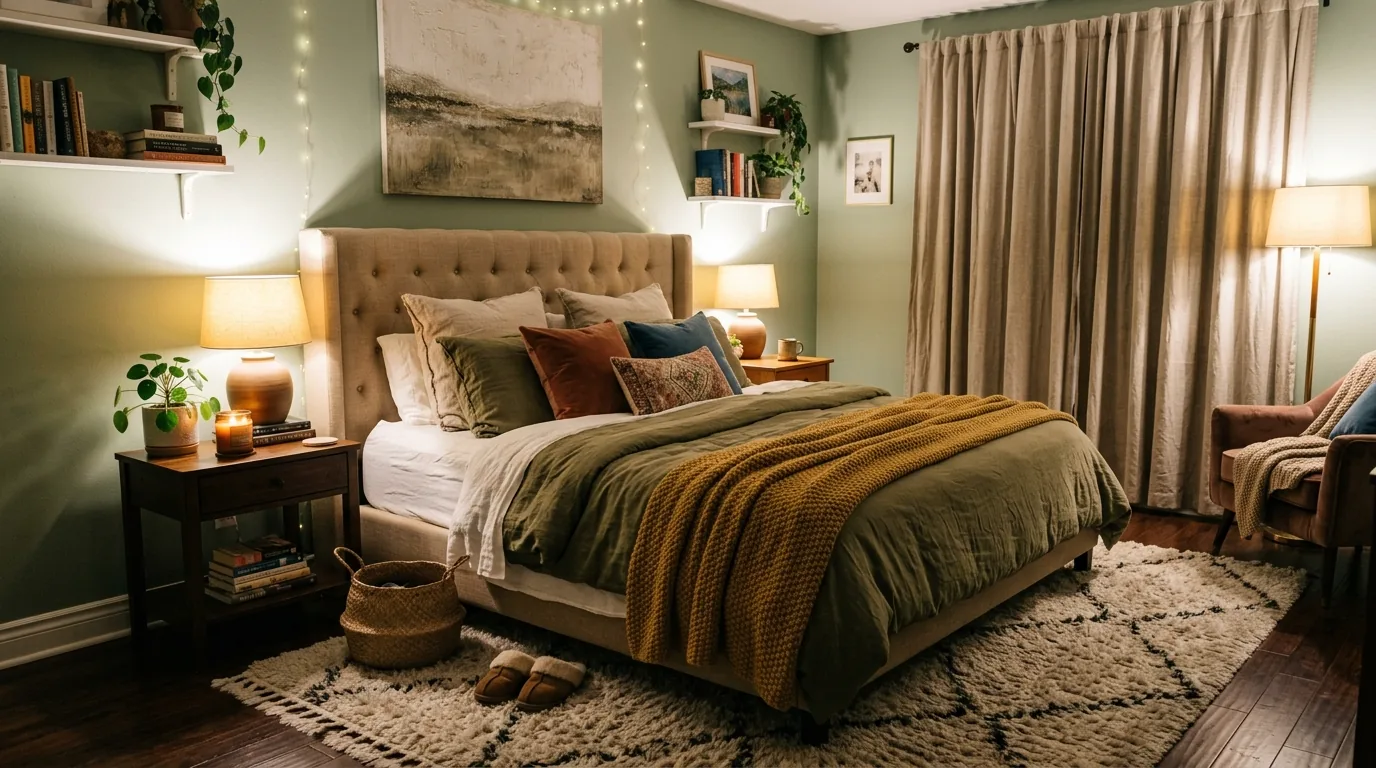 Primary bedroom with storage bench at foot of bed and layered neutral bedding