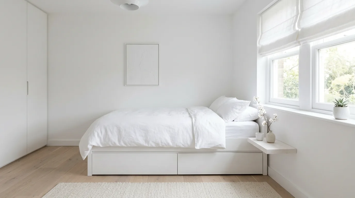 Coastal small bedroom with pale blue accents and airy curtains