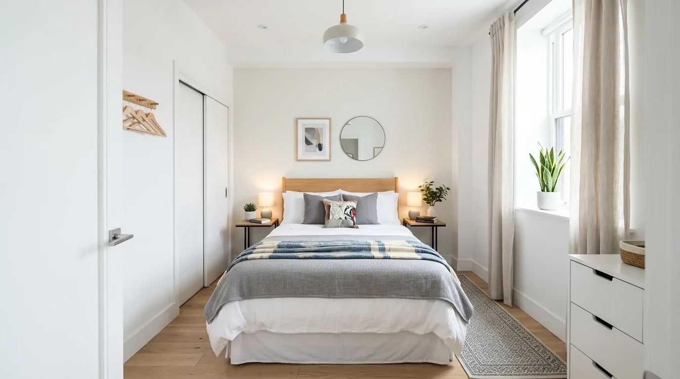 Minimal bedroom with low dresser and oversized art