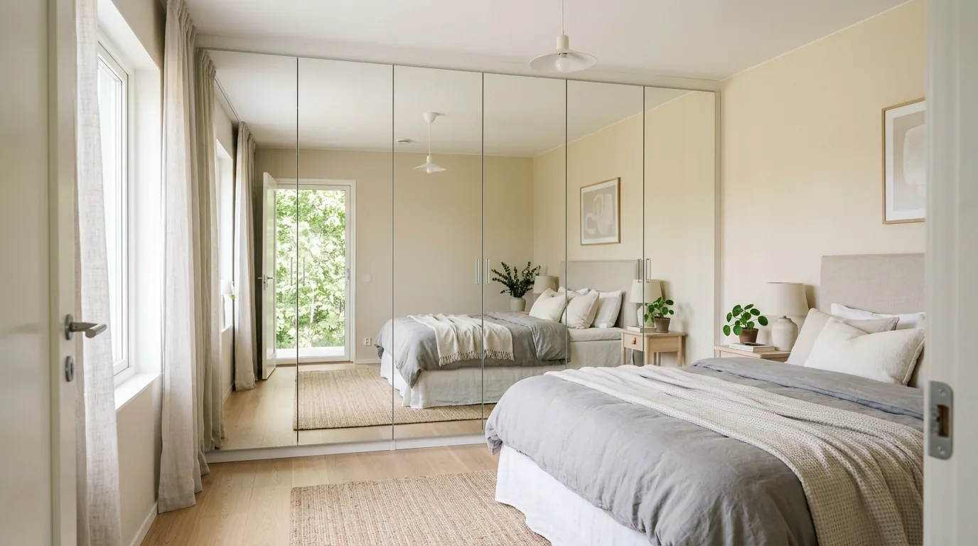 Small suite with built-in wardrobe wall and clean-lined bed frame