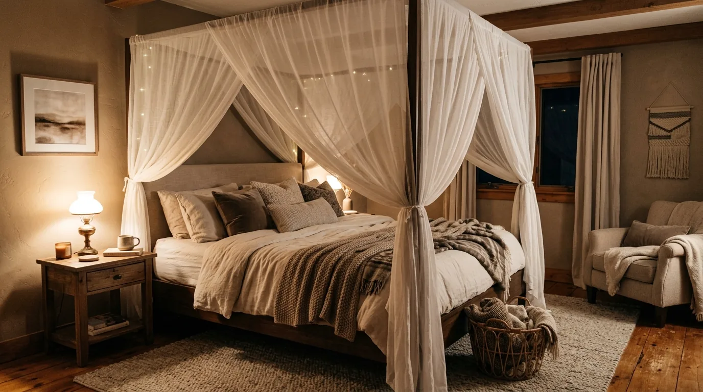 Attic primary bedroom with low window seat and tailored bedding