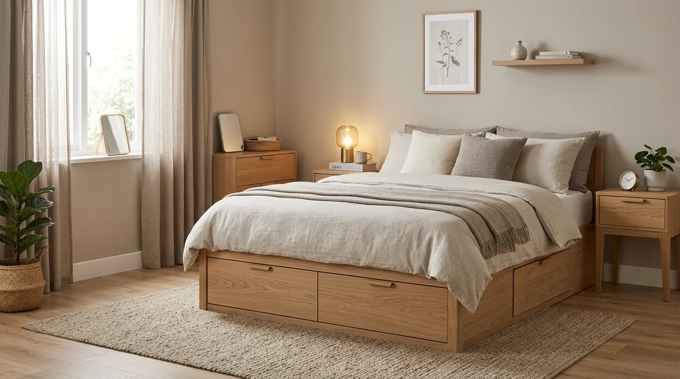 Scandinavian small bedroom with pale woods and hidden under-bed storage
