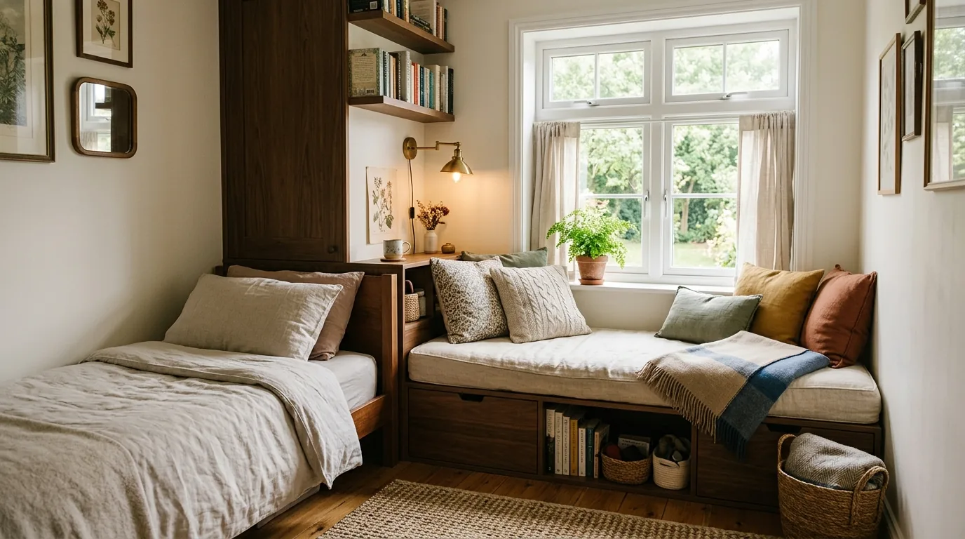 Bedroom corner with slim vanity desk and mirror