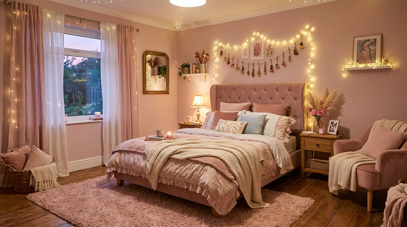 Bedroom with dusty pink bedding and pale oak nightstands