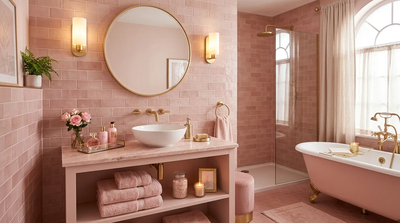 Reading nook with rose-toned armchair and knit throw