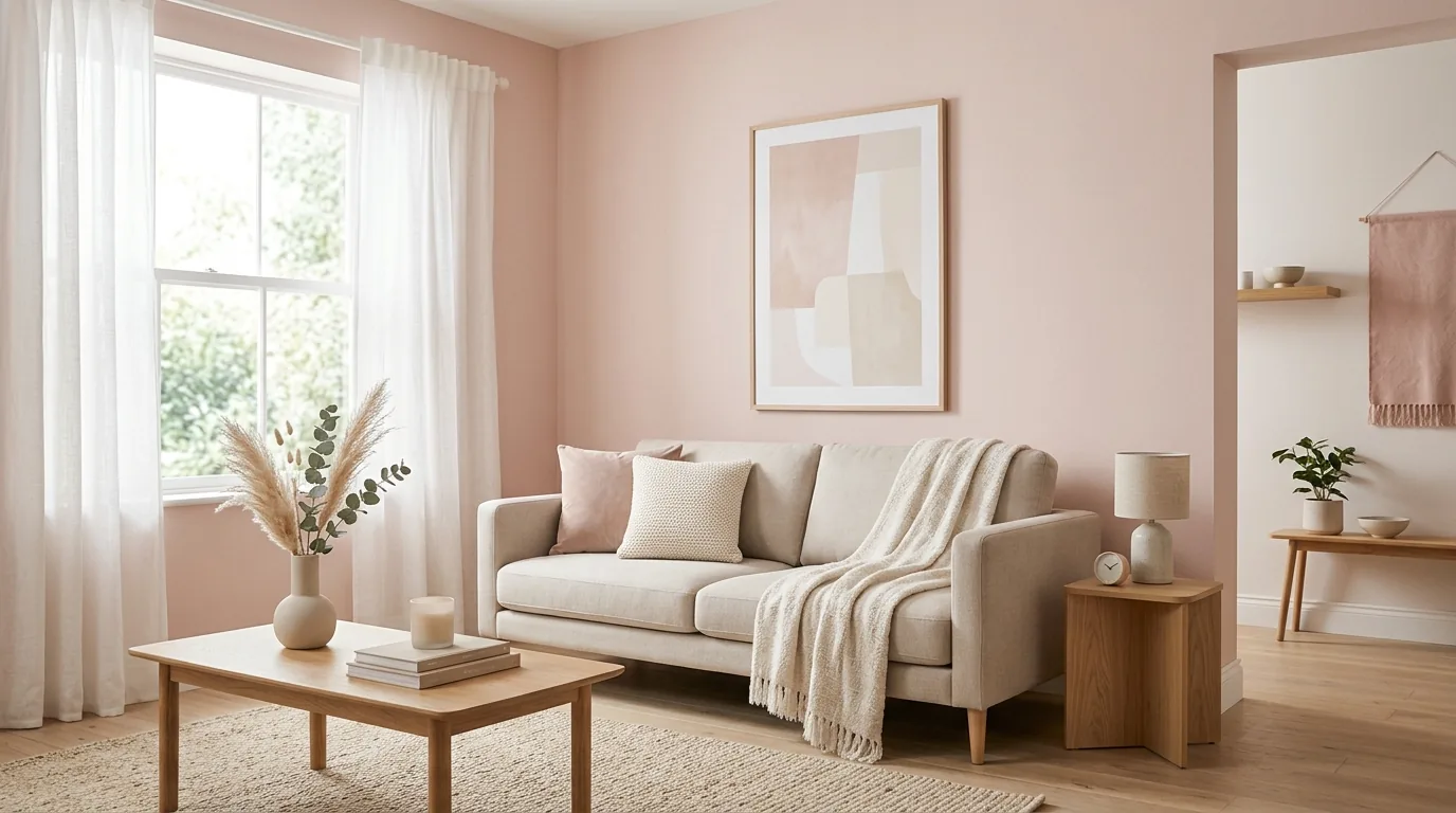Dining room with blush floral centerpiece and soft linen runner