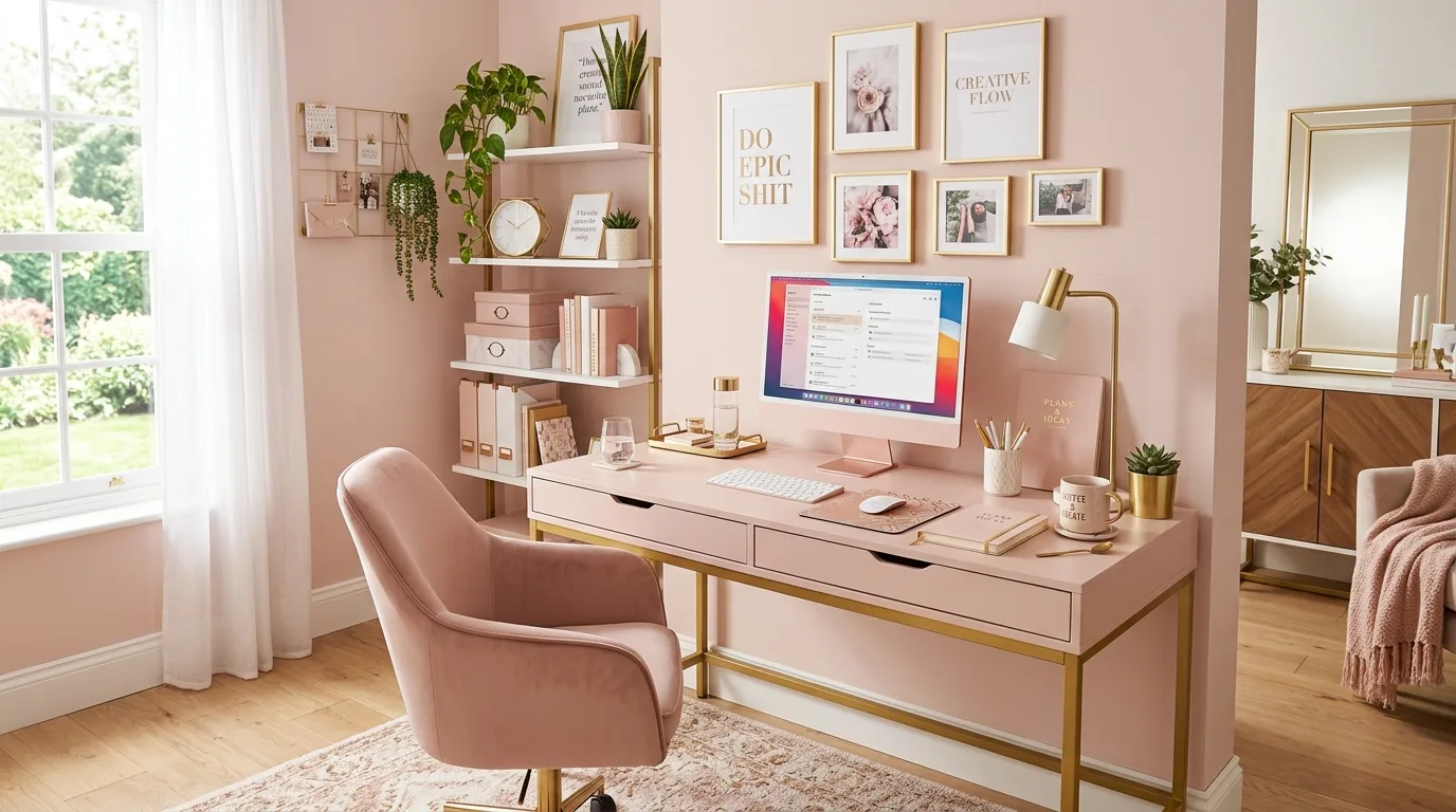 Powder room with pale pink walls and brass accents