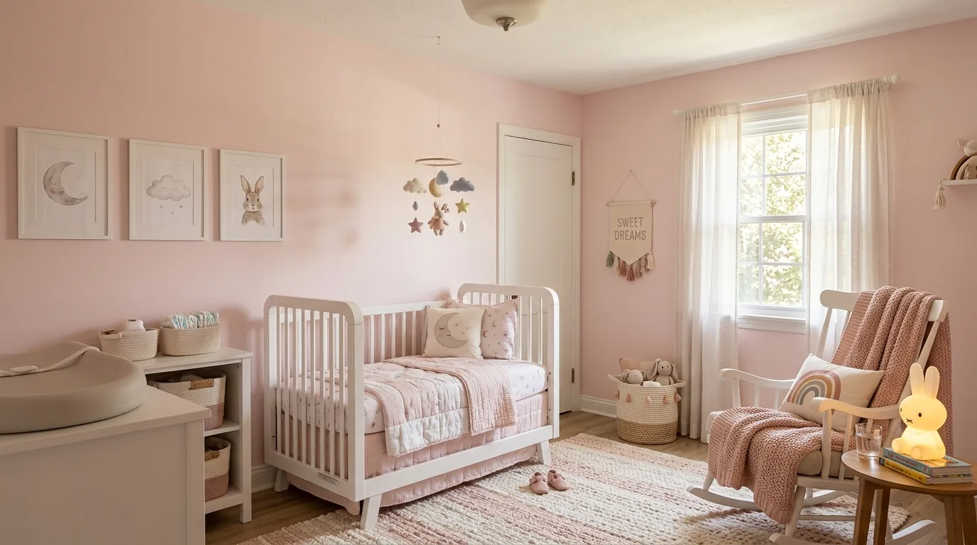 Nursery-inspired but refined room with muted pink textiles and woven basket storage