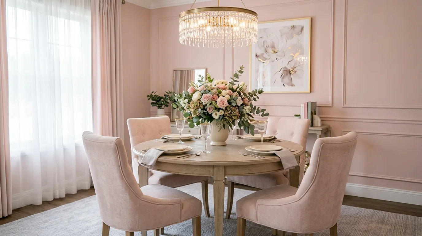 Modern bedroom with clay-pink headboard wall and tonal bedding