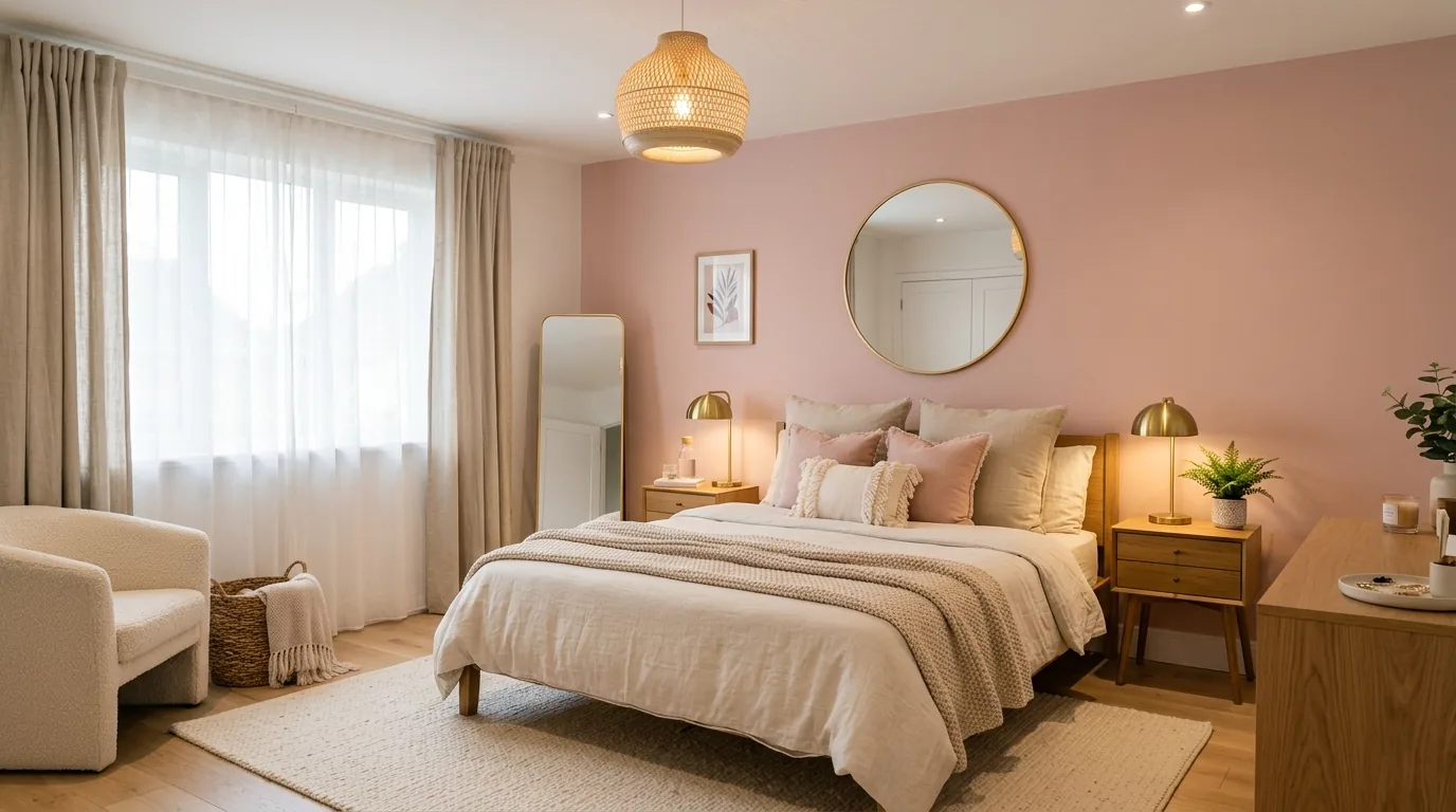 Coastal room with pink coral accents and soft white backdrop