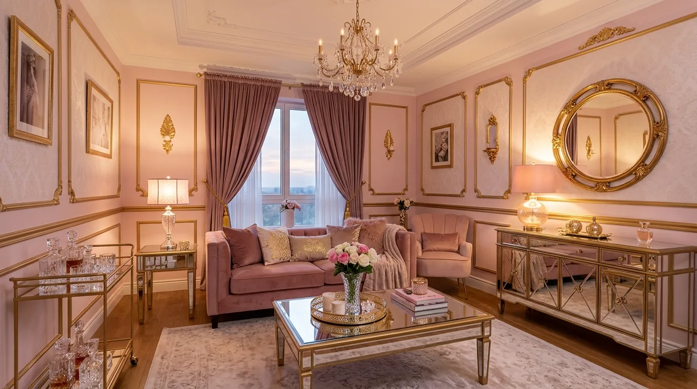 Traditional lounge with pink velvet ottoman and framed floral art