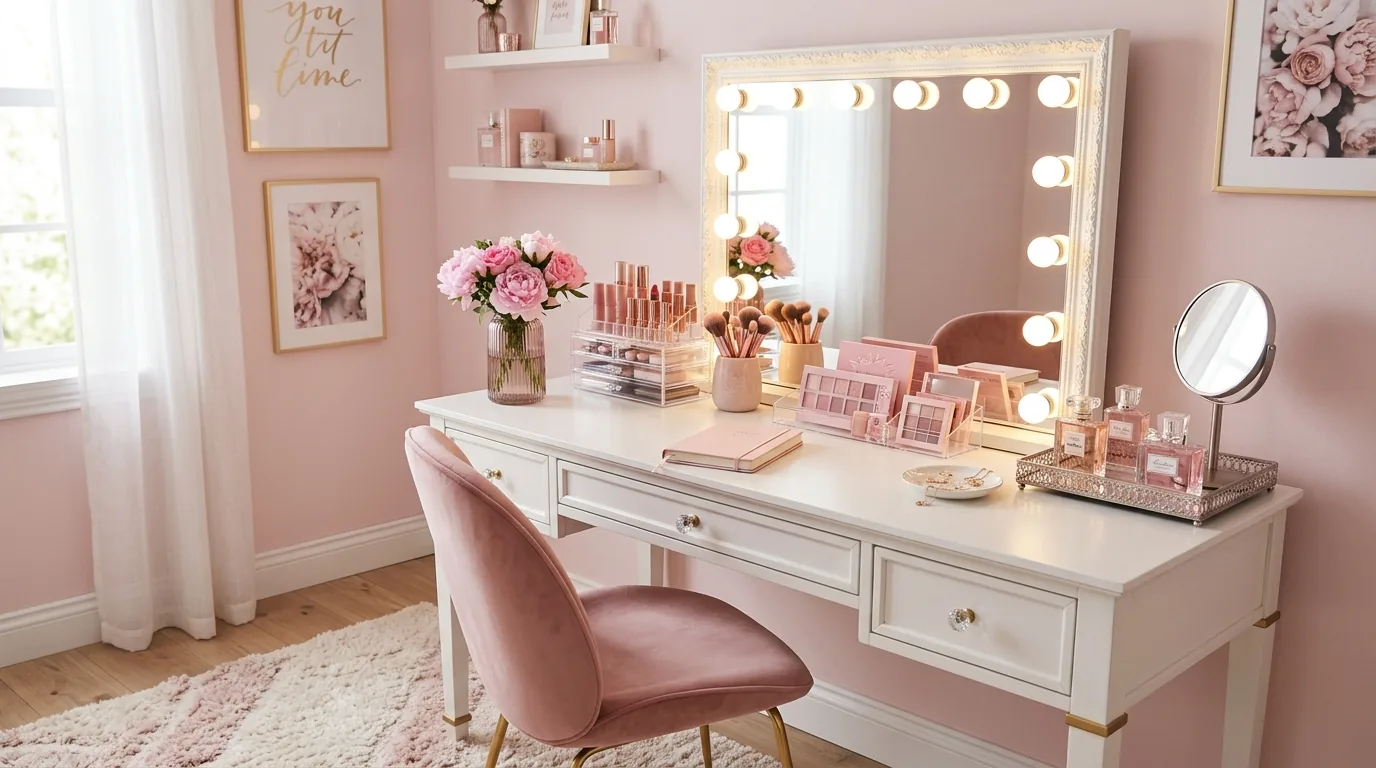 Cinematic pink decor interior with warm lighting