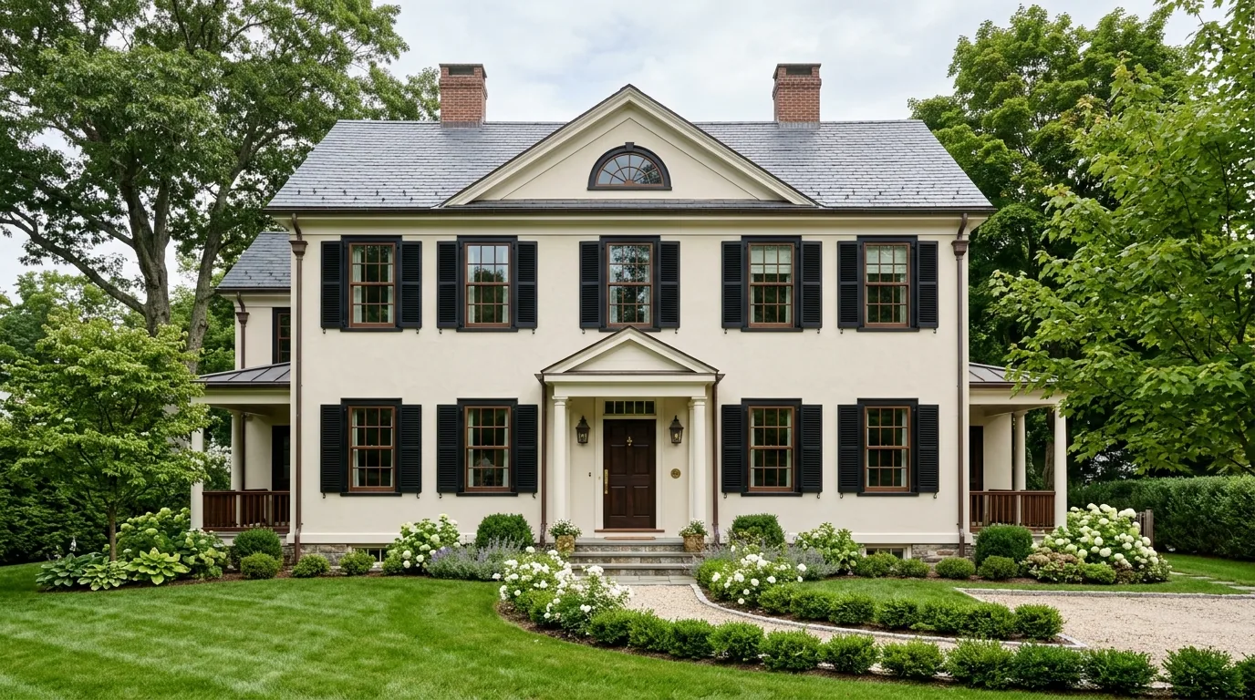 Farmhouse facade with thick white trim around windows and soft gray siding