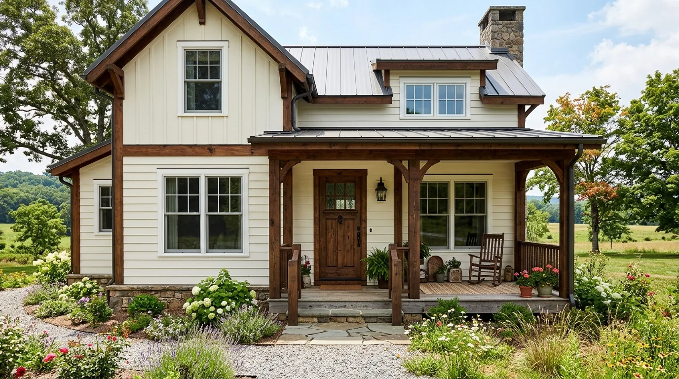 Brick home with painted cream trim and dark shutters