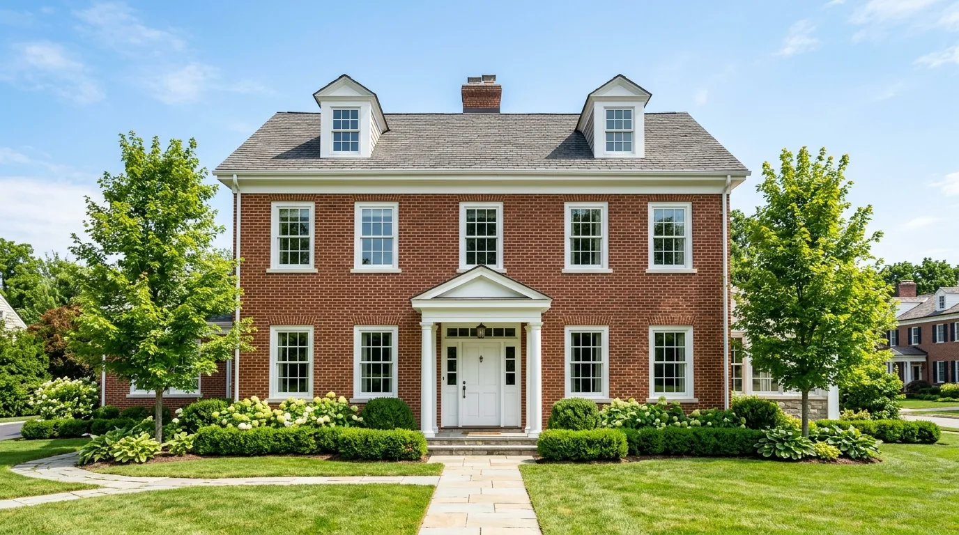 Coastal cottage with pale blue shutters and bright trim lines