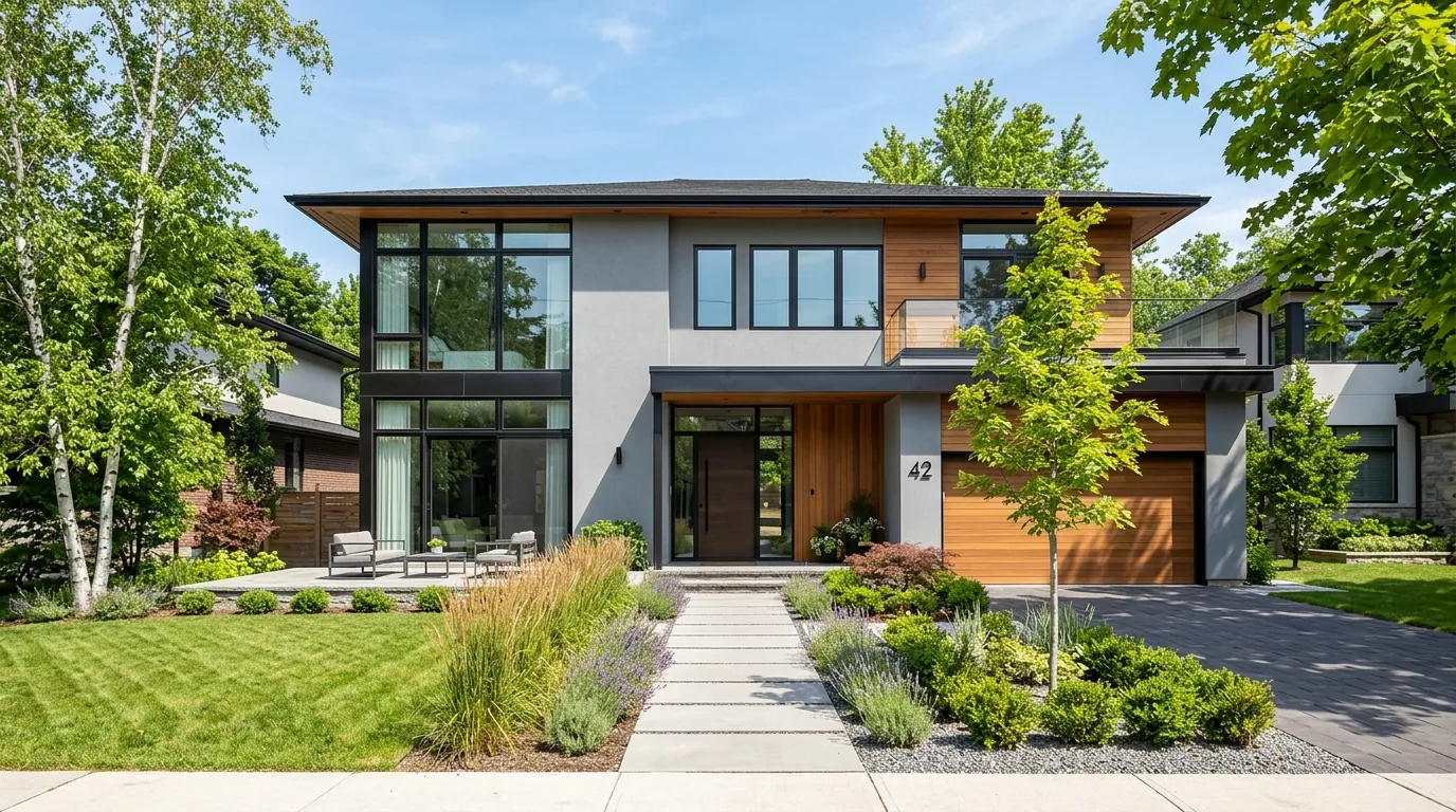 Modern house with slim charcoal trim and large panes