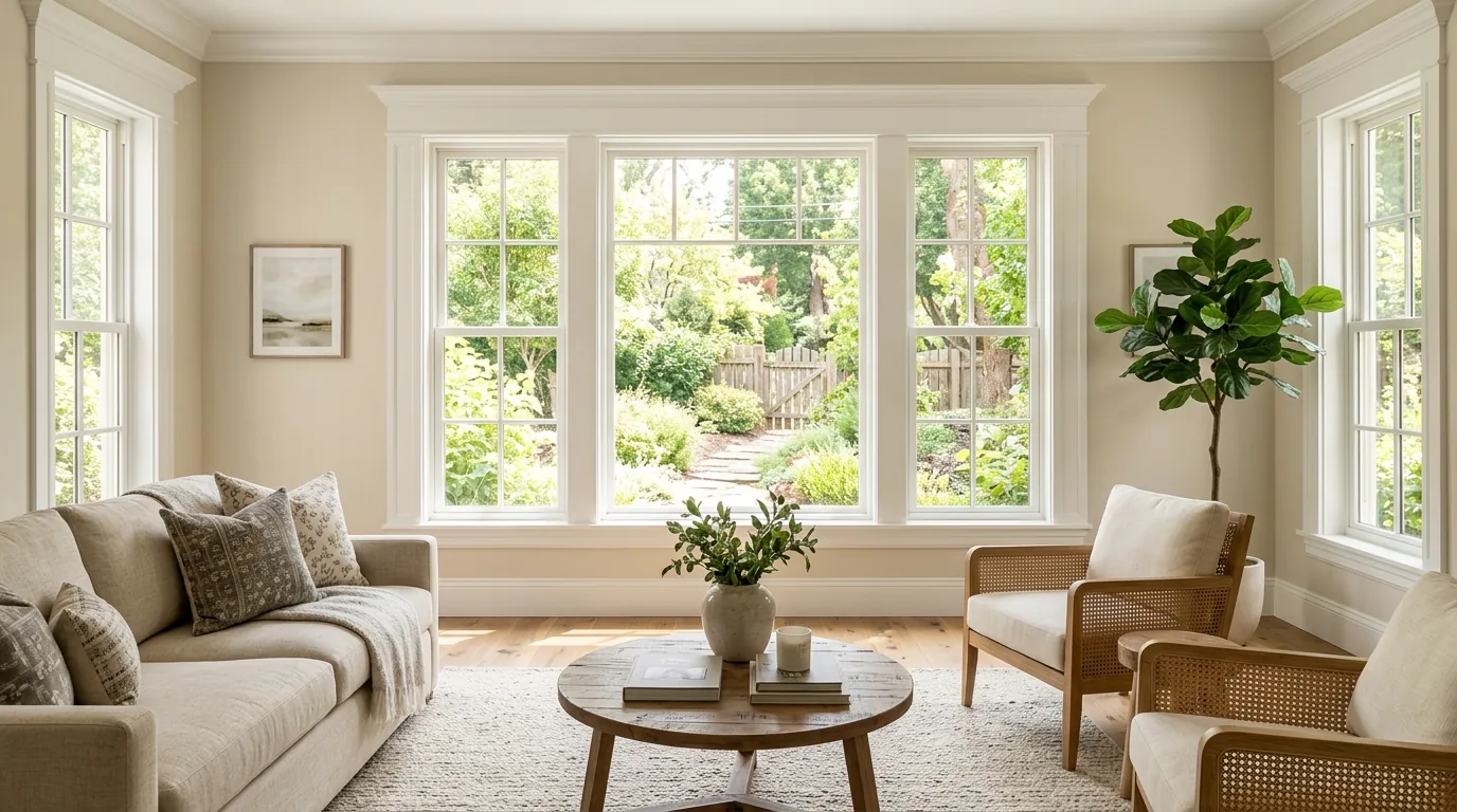 White stucco home with soft taupe trim and arched window detail