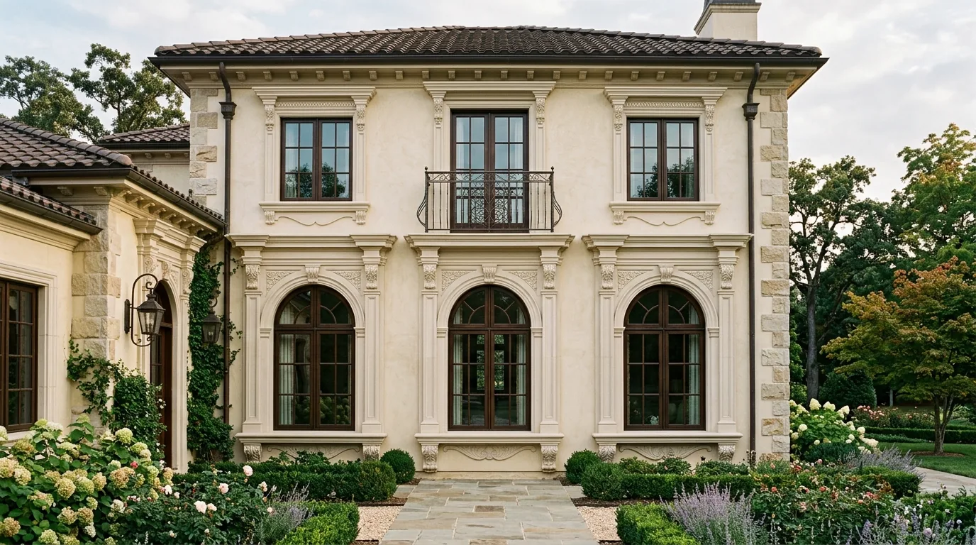Traditional home with decorative crown trim above front windows