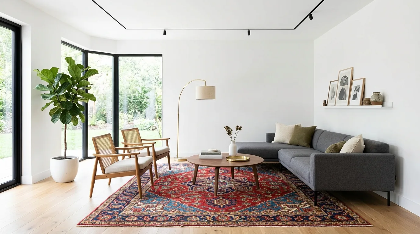 Bedroom with faded rug layered over pale wood floors and simple bedding