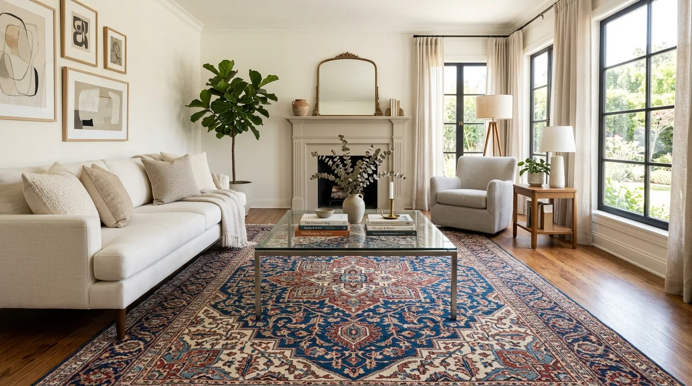 Office with deep red oriental rug and minimalist desk