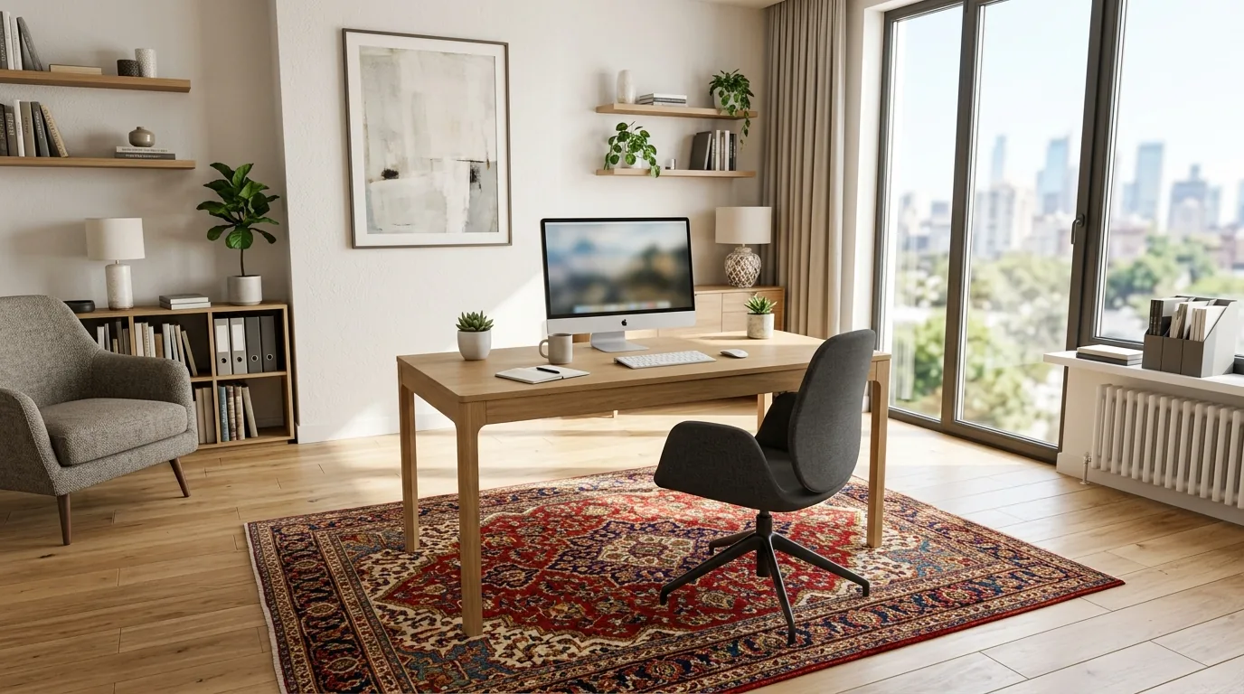 Loft living area with distressed rug and low-profile sofa